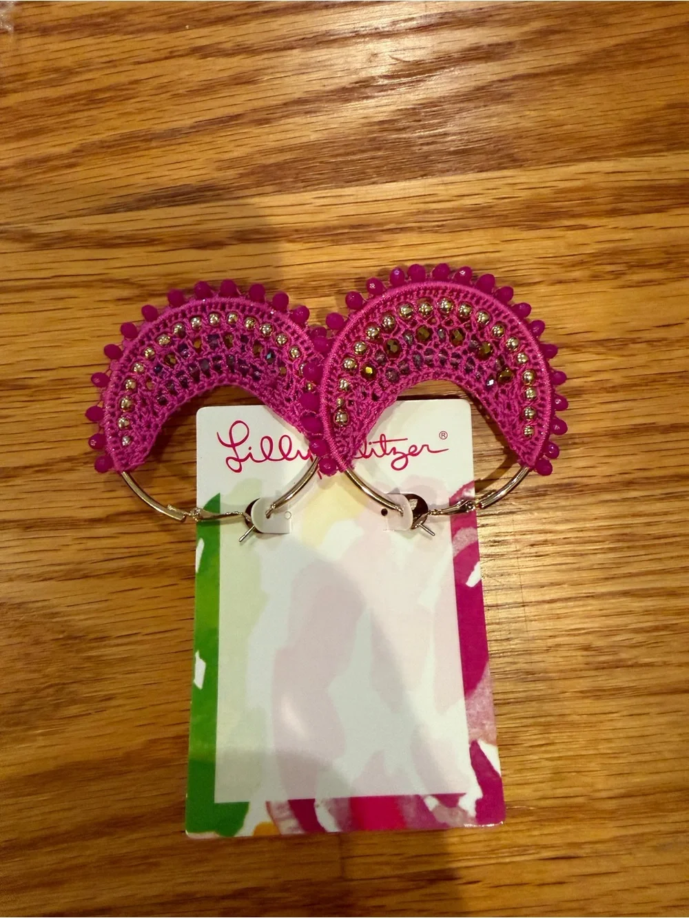 New Lilly Pulitzer Bougainvillea Pink Crochet & Bead Hoop Statement Earrings